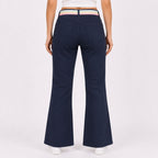 Title - Women's Sleek Comfort-Fit Dark Navy Blue Bootcut Trousers with Rainbow Pastel Belt-4