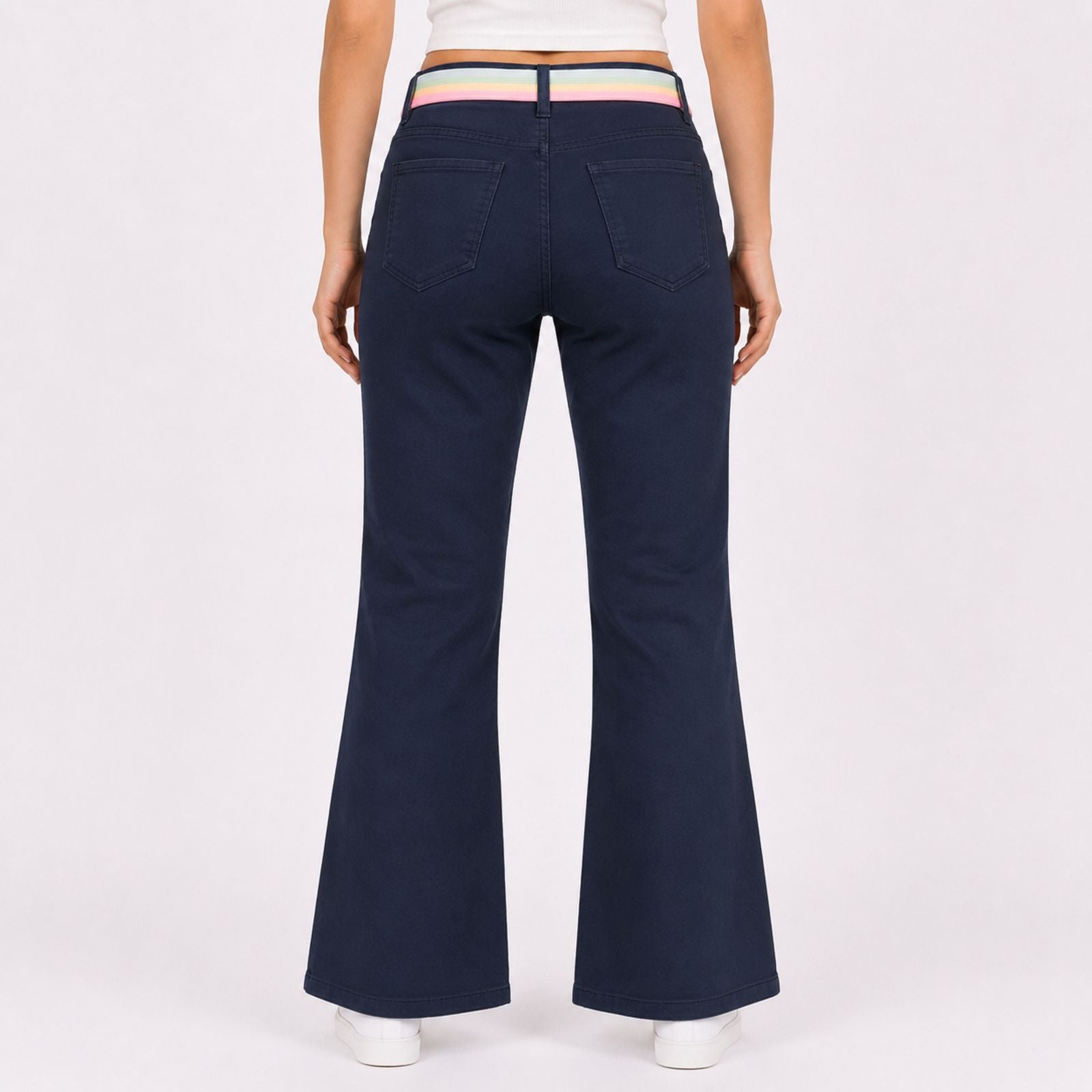 Title - Women's Sleek Comfort-Fit Dark Navy Blue Bootcut Trousers with Rainbow Pastel Belt-4