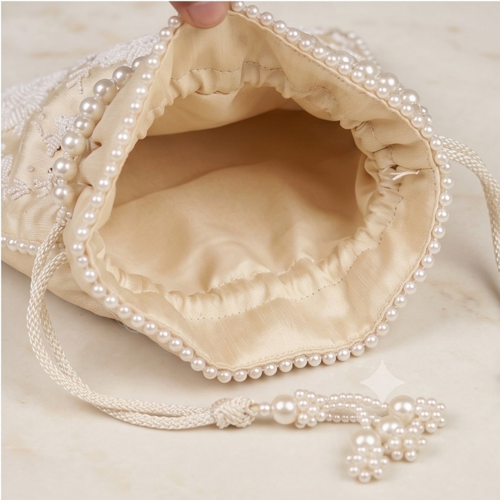Women's Luxury Cream Embroidered Potli Bag with Pearl Handle and Beaded Floral Clusters-4