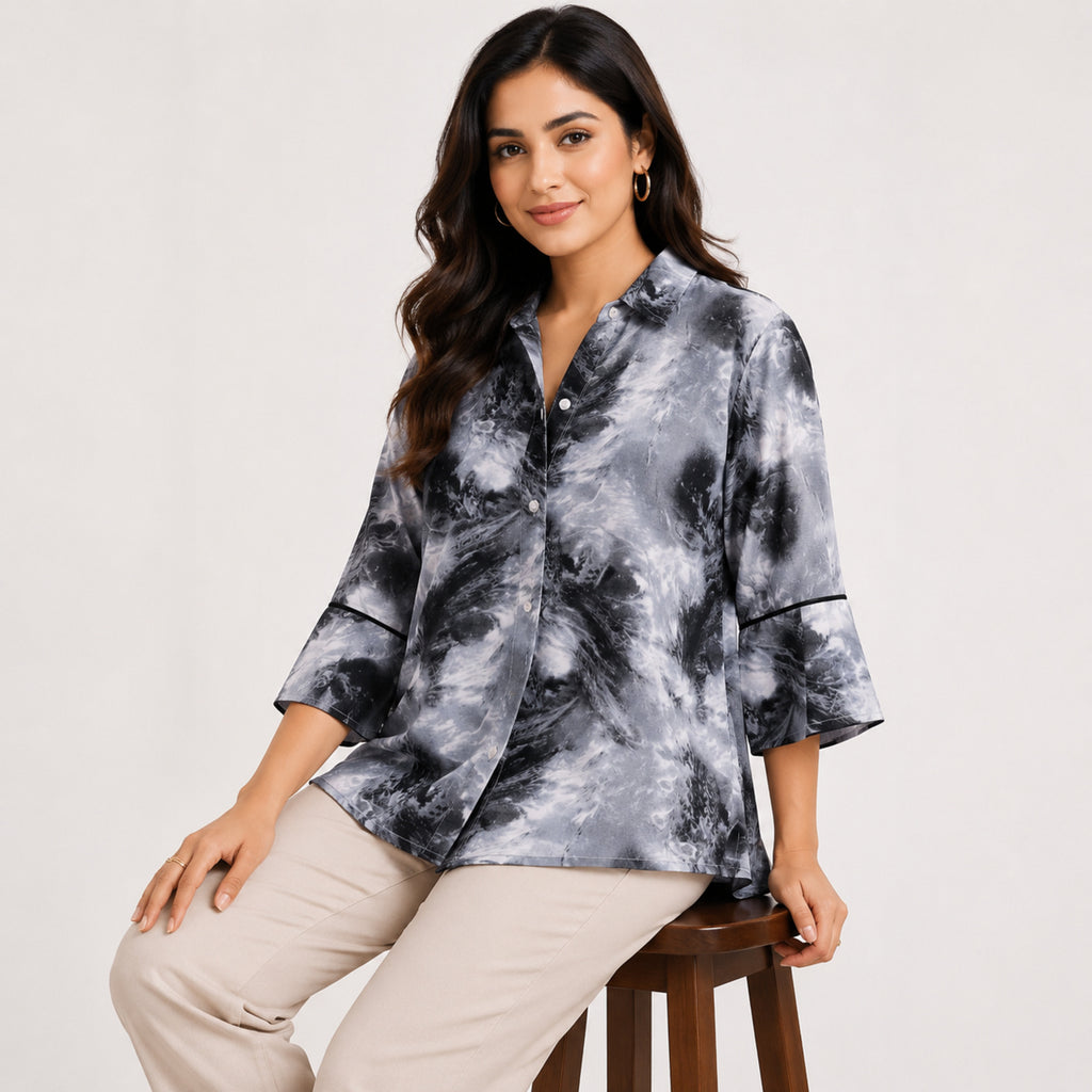 Women's Grey Abstract Printed Collared Shirt Top with Three-Quarter Sleeves-2