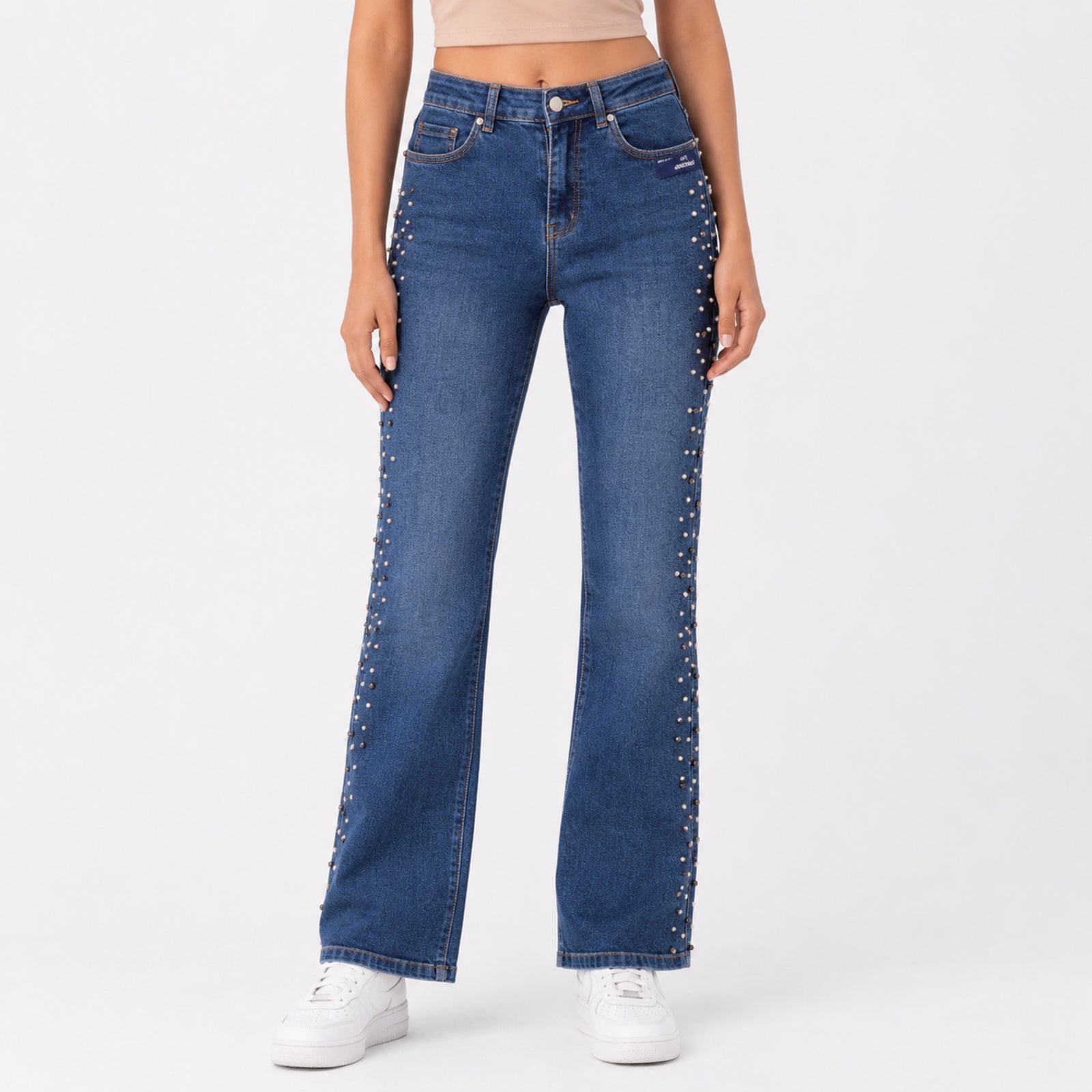 Women's Shimmering Diamond Studded Light Blue Bootcut Jeans-1