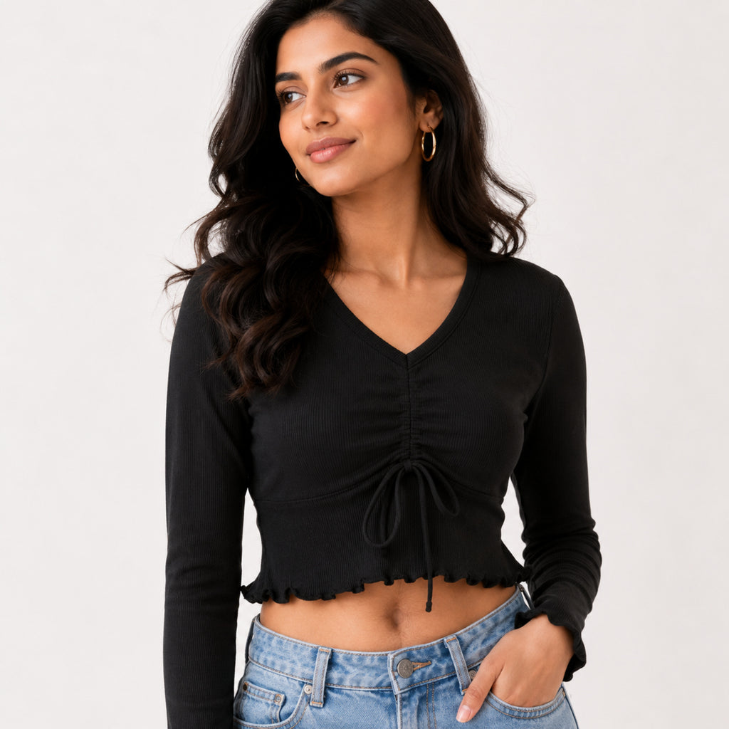 Women's Obsidian Midnight Black Ribbed Long-Sleeve Crop Top with Center Ruched Drawstring and Ruffle Trim-1