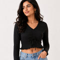 Women's Obsidian Midnight Black Ribbed Long-Sleeve Crop Top with Center Ruched Drawstring and Ruffle Trim-1