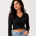 Women's Obsidian Midnight Black Ribbed Long-Sleeve Crop Top with Center Ruched Drawstring and Ruffle Trim-1