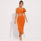 Women's Orange Solid One-Shoulder Sleeveless Crop Top and Asymmetric Midi Skirt Co-Ord Set for Party Wear-2