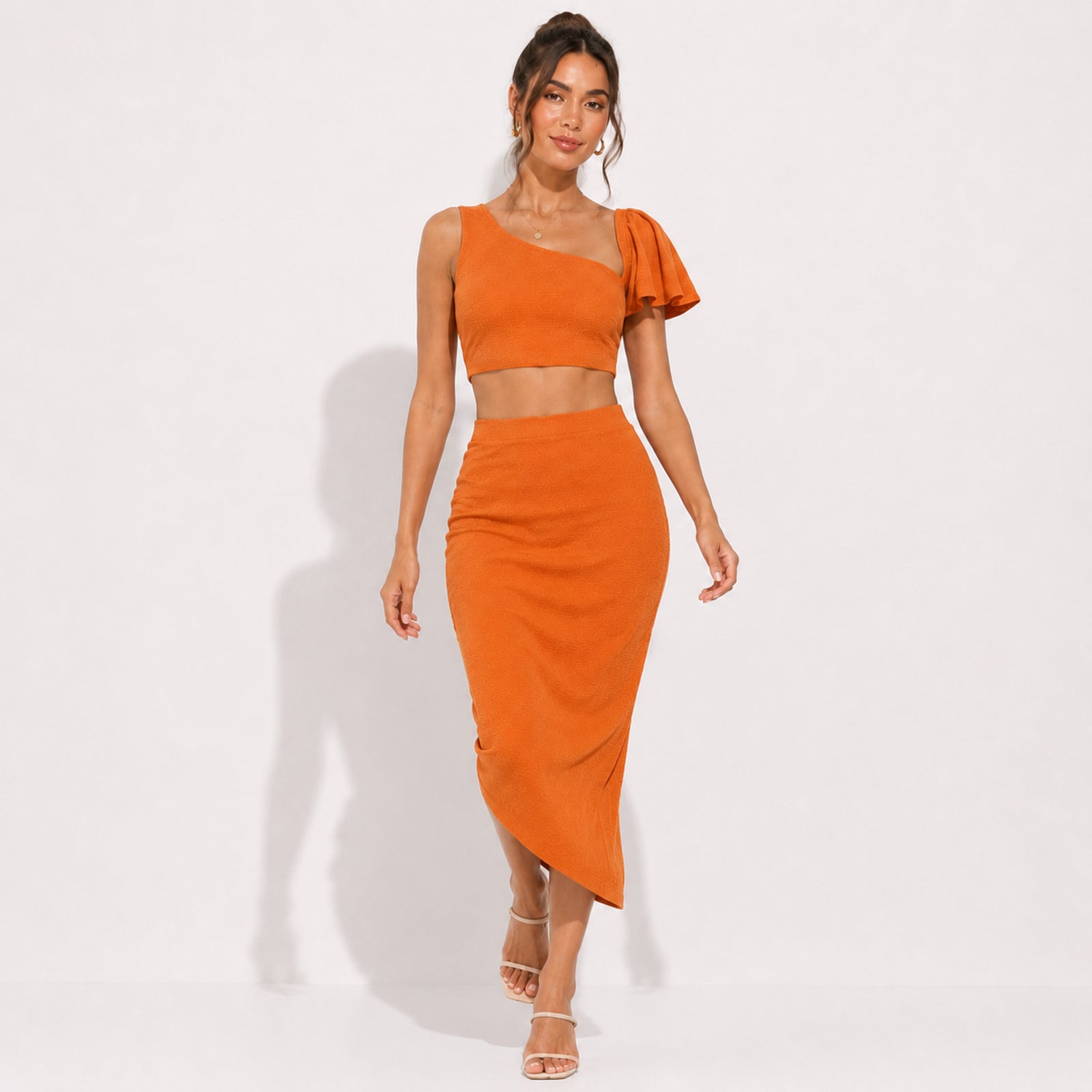 Women's Orange Solid One-Shoulder Sleeveless Crop Top and Asymmetric Midi Skirt Co-Ord Set for Party Wear-2