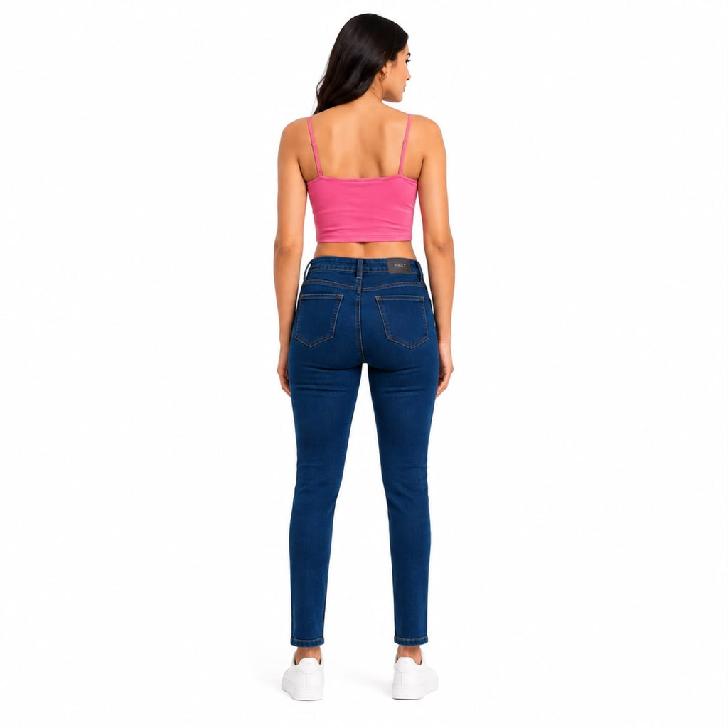 Women's Dark Blue High-Waist Slim Straight Denim Jeans with Classic Pockets-4