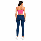 Women's Dark Blue High-Waist Slim Straight Denim Jeans with Classic Pockets-4