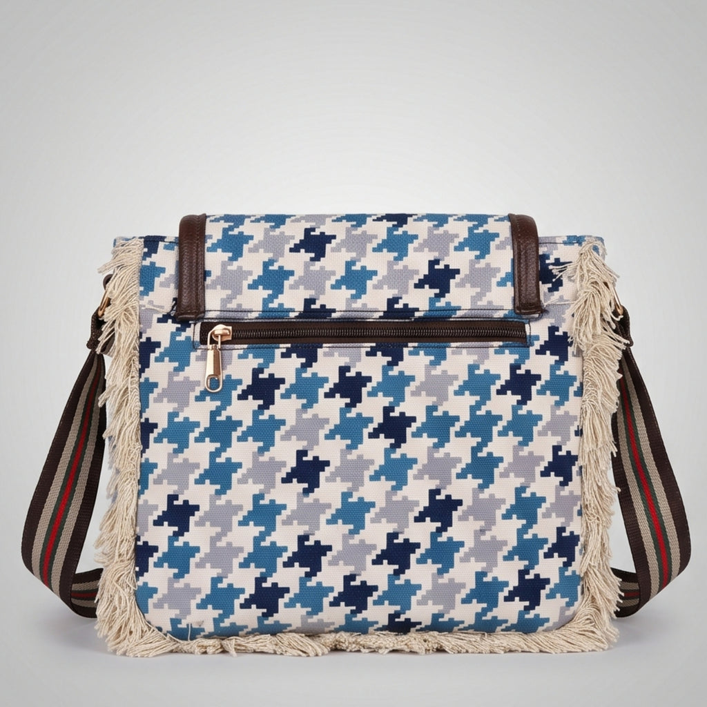 Women's Blue Houndstooth Print Fringe Crossbody Sling Bag with Adjustable Strap-2