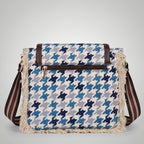Women's Blue Houndstooth Print Fringe Crossbody Sling Bag with Adjustable Strap-2