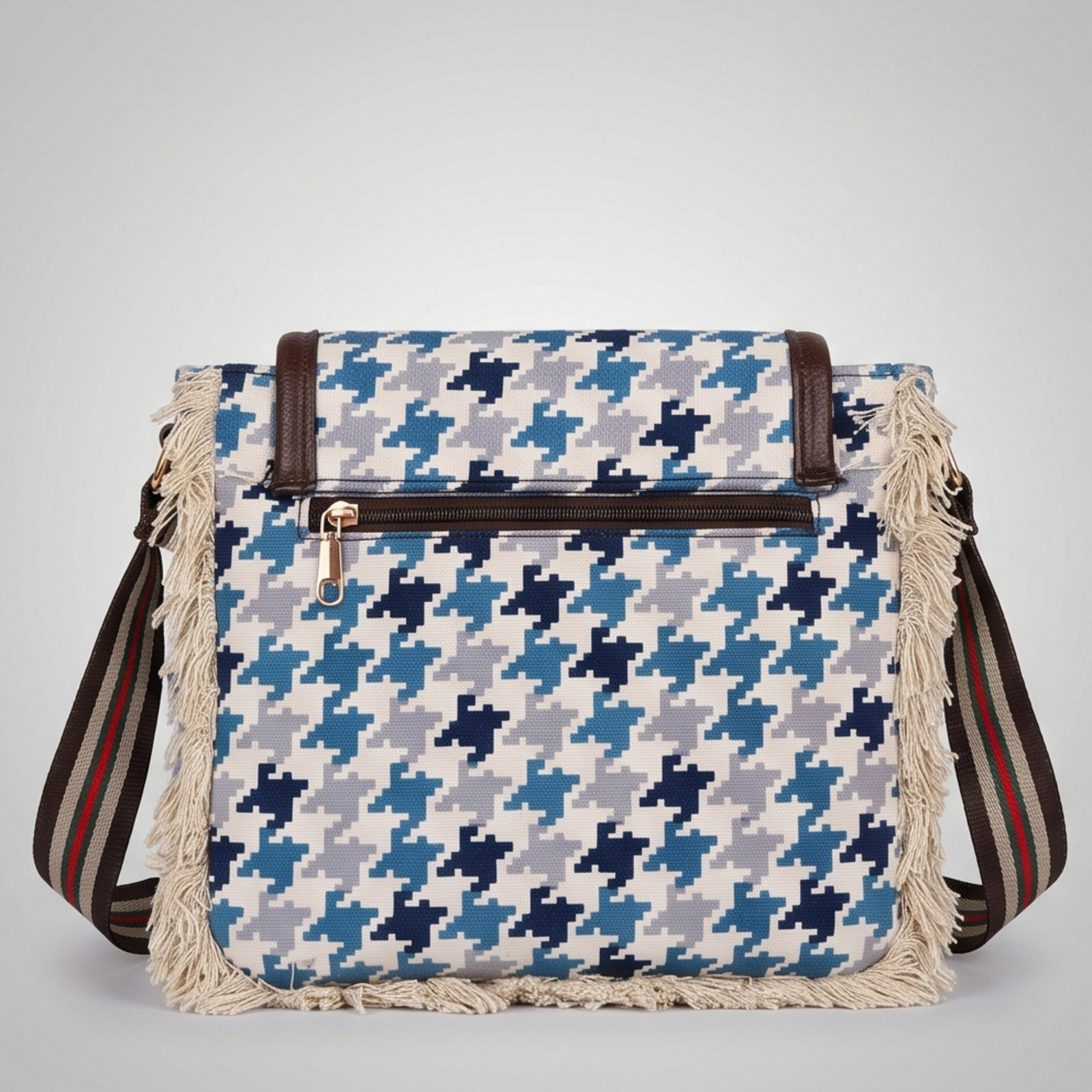 Women's Blue Houndstooth Print Fringe Crossbody Sling Bag with Adjustable Strap-2