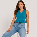Women's Ocean Muse Teal Peplum V-Neck Sleeveless Top-1