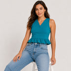 Women's Ocean Muse Teal Peplum V-Neck Sleeveless Top-1
