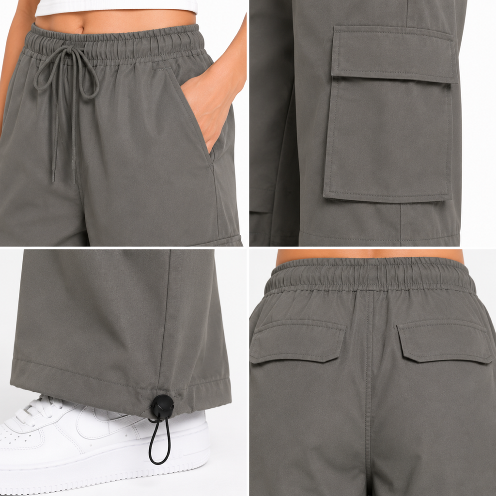 Women's Light Grey High-Waist Cargo Wide Leg Utility Pants-3