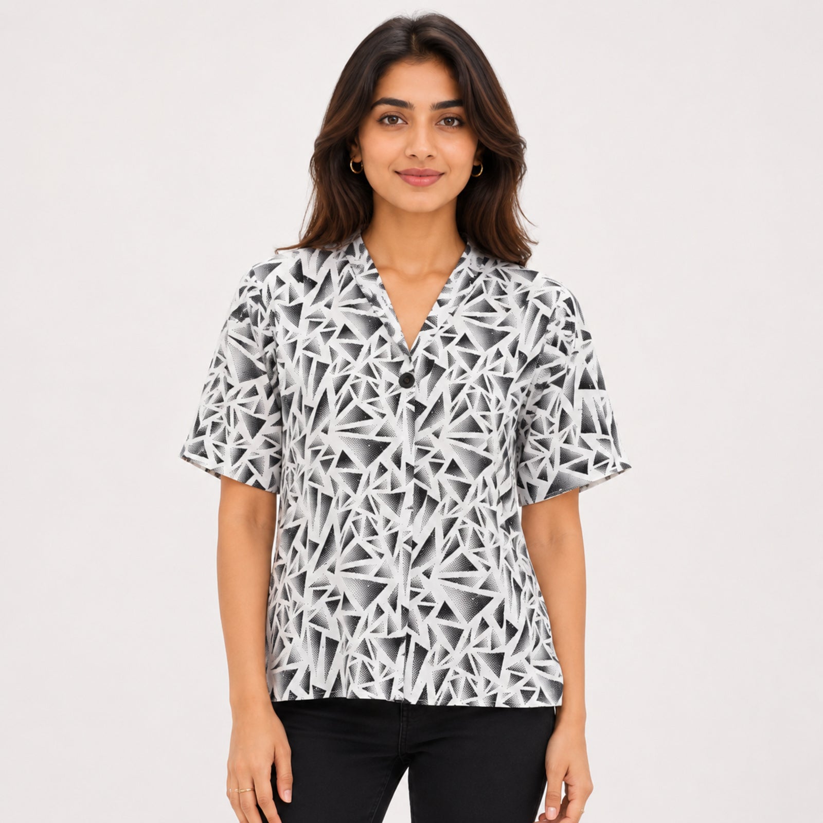 Women's Abstract Geometric Printed White Shirt Top-1