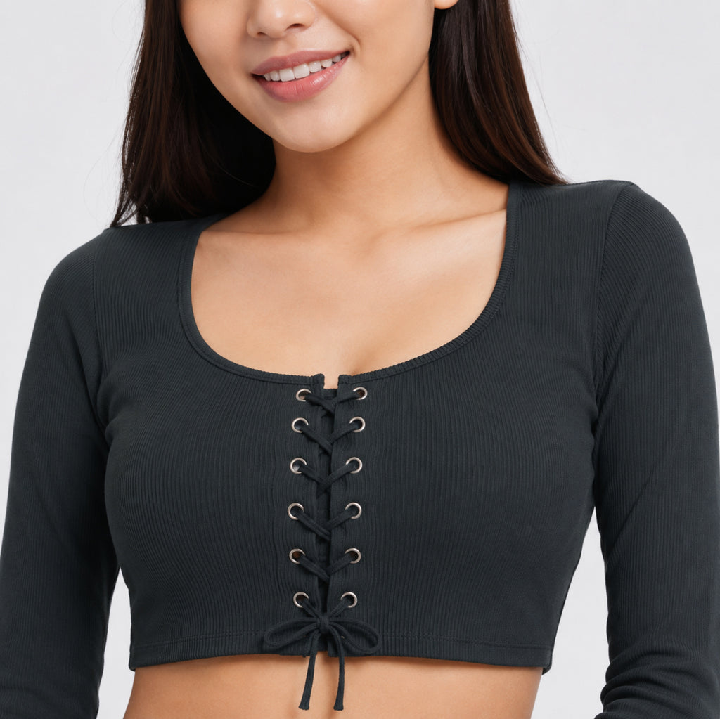Women's Black Lace-Up Full Sleeve Crop Top-2