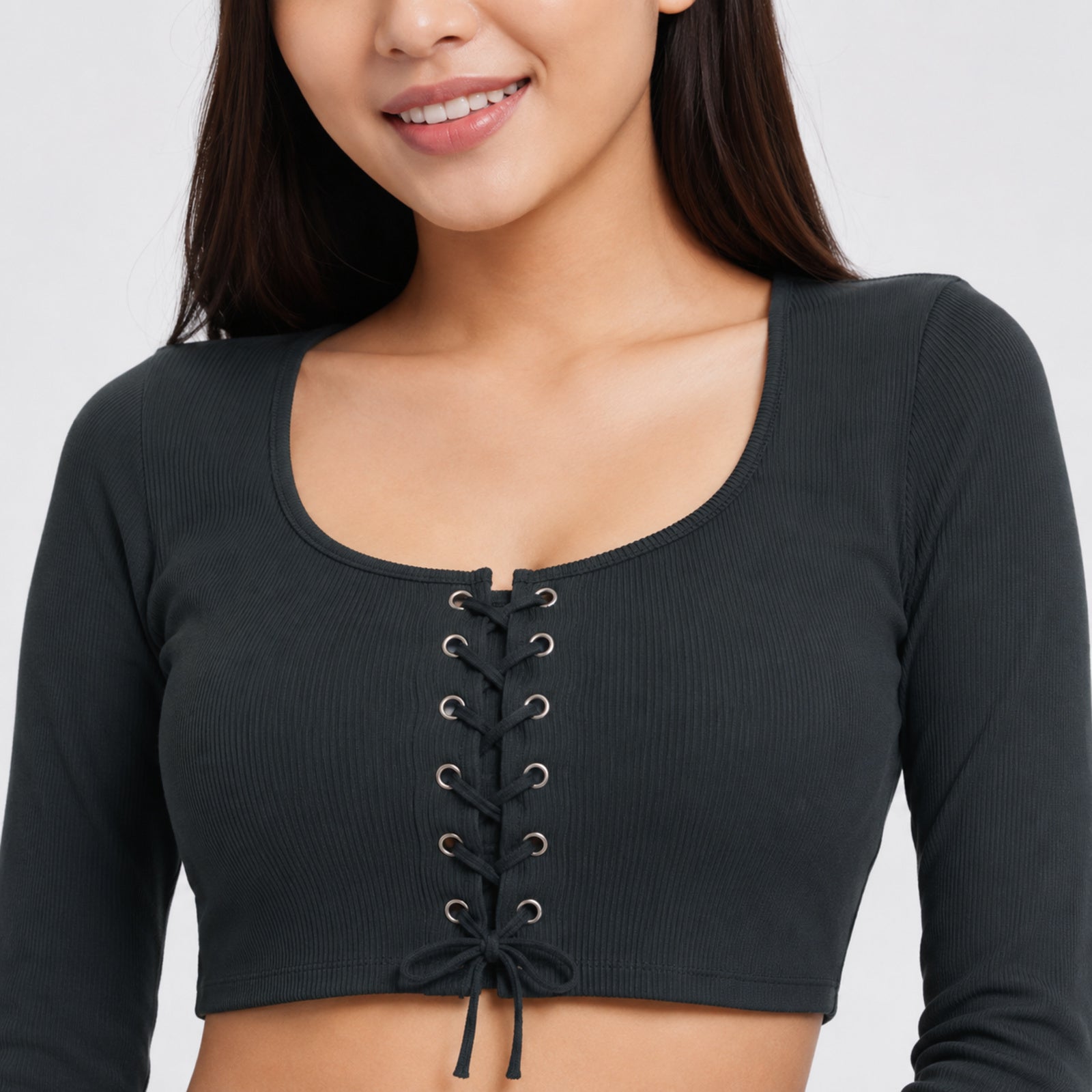 Women's Black Lace-Up Full Sleeve Crop Top-2