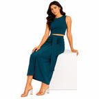 Women's Dark Green Sleeveless Crop Top and Front Drape Midi Skirt Co-Ord Set-2