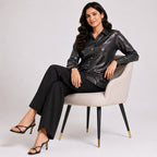 Women's Glamorous Metallic Silver Sequin Button-Down Shirt-3