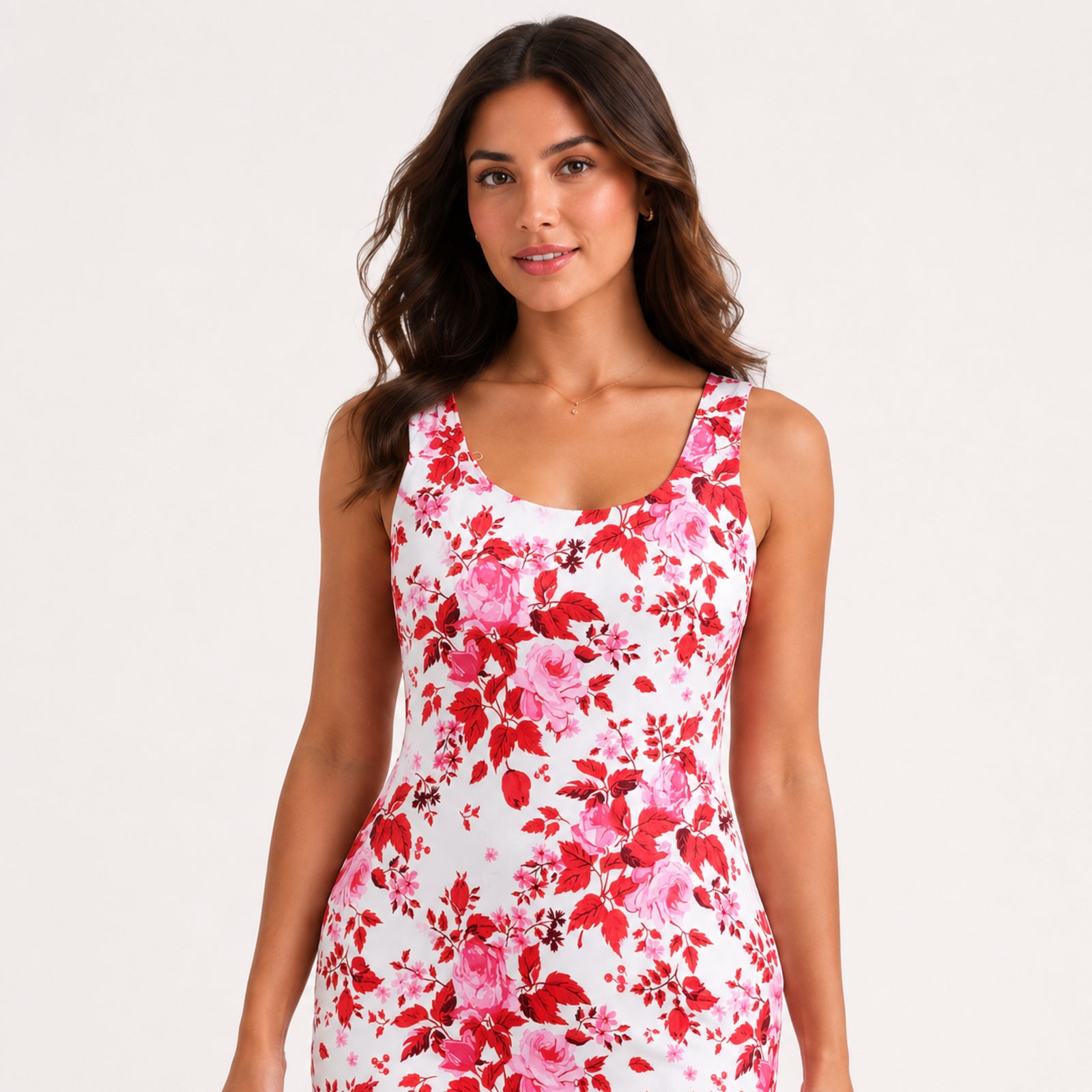 Women's Pink Floral Print Square Neck Mermaid Midi Dress | Sleeveless Fitted Party Dress-2