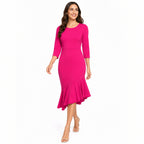 Women's Pink Solid Mermaid Midi Dress with Round Neck and Three-Quarter Sleeves-1
