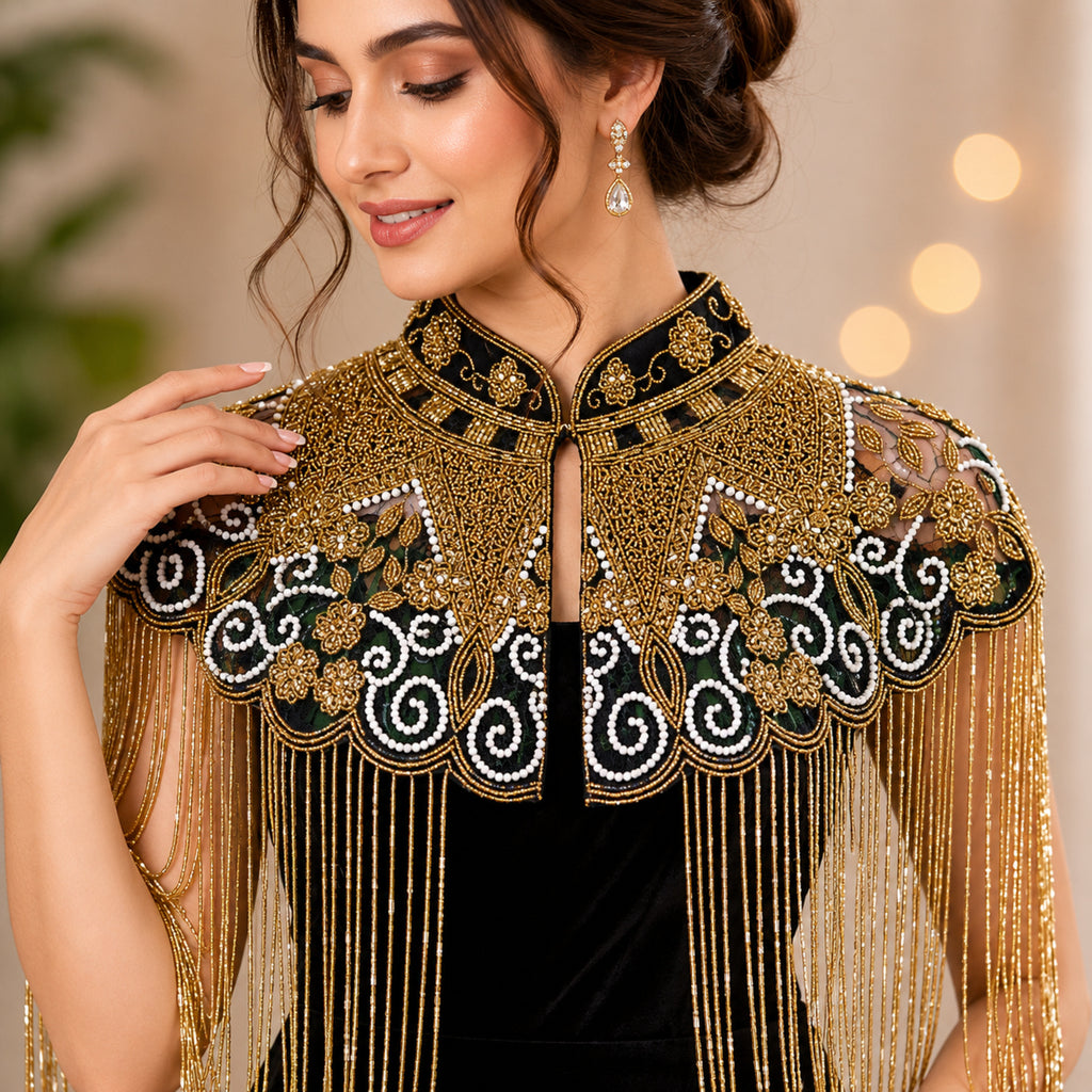 Women's Golden Embroidered Fringe Poncho-4