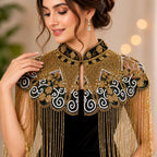 Women's Golden Embroidered Fringe Poncho-4