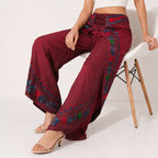 Women's Bohemian Maroon Embroidered Wrap Overlapping Palazzo Trousers-3