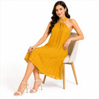 Women's Yellow Halter Neck A-Line Knee Length Dress-2