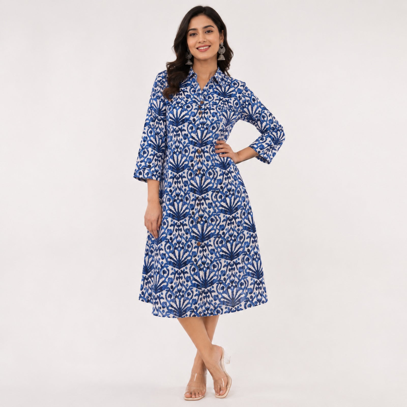 Women's Blue Ethnic Printed Flared Midi Dress-3
