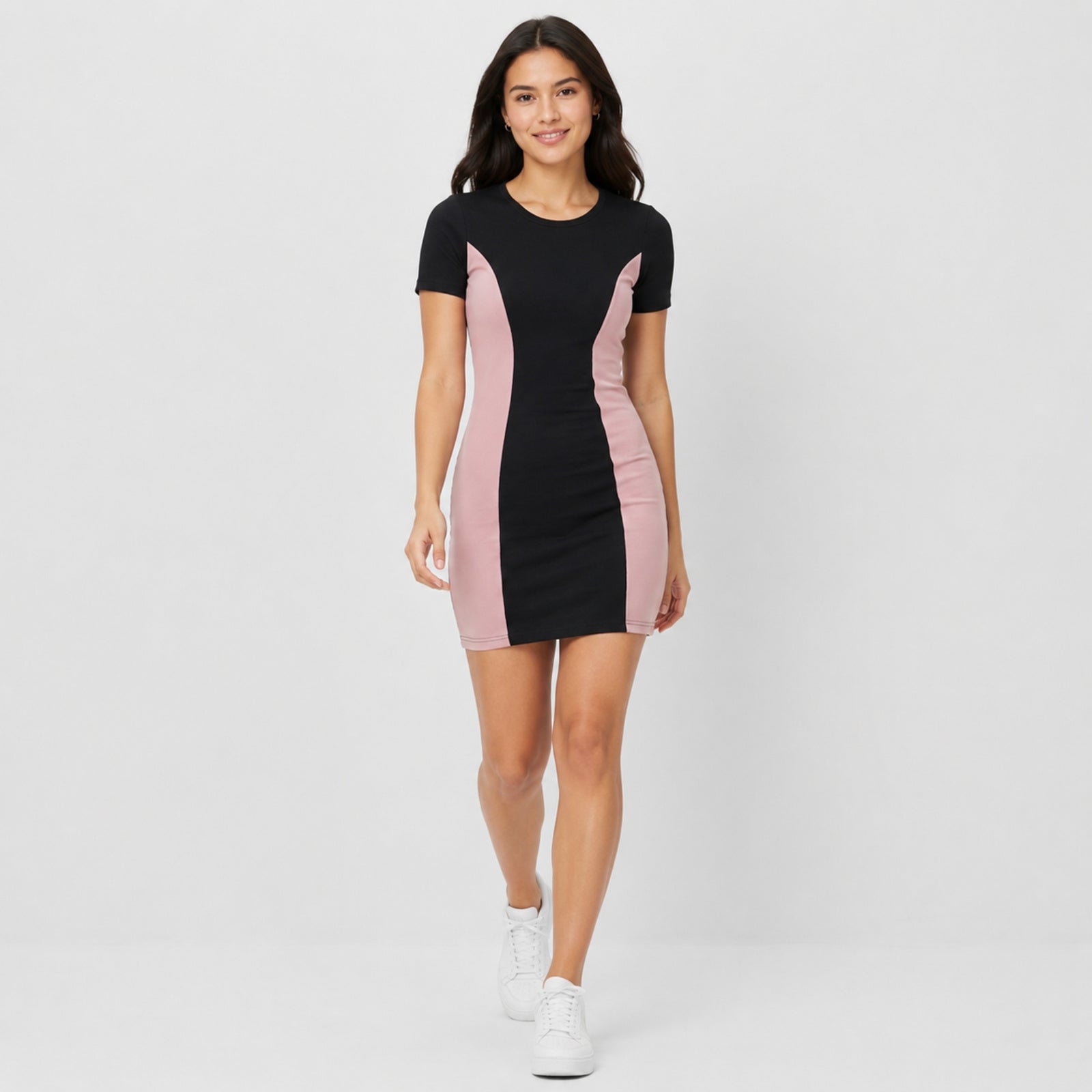 Women's Black & Pink Color Block Bodycon Mini Dress with Round Neck and Half Sleeves-1