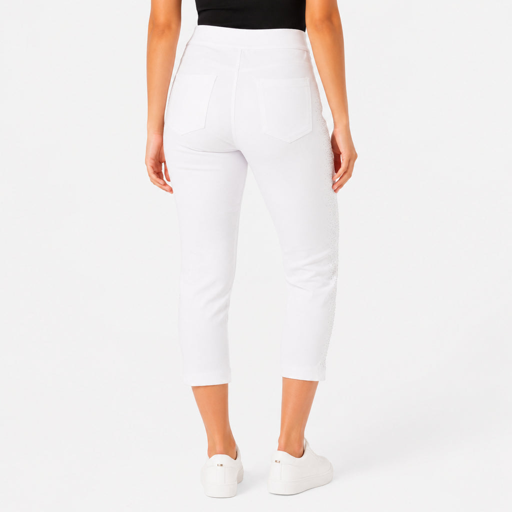 Women's Shimmering Diamond Studded White Cropped Trousers-4