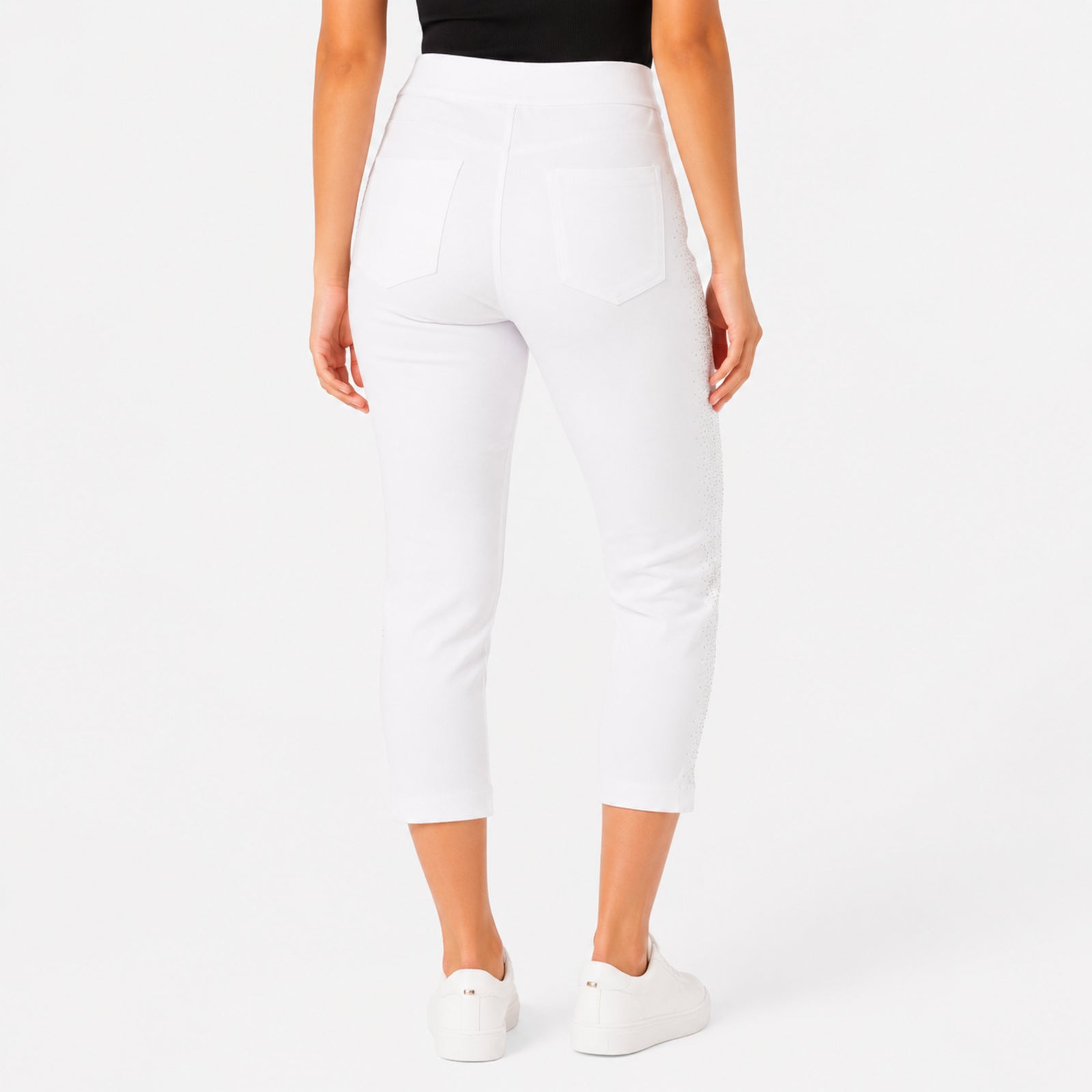 Women's Shimmering Diamond Studded White Cropped Trousers-4