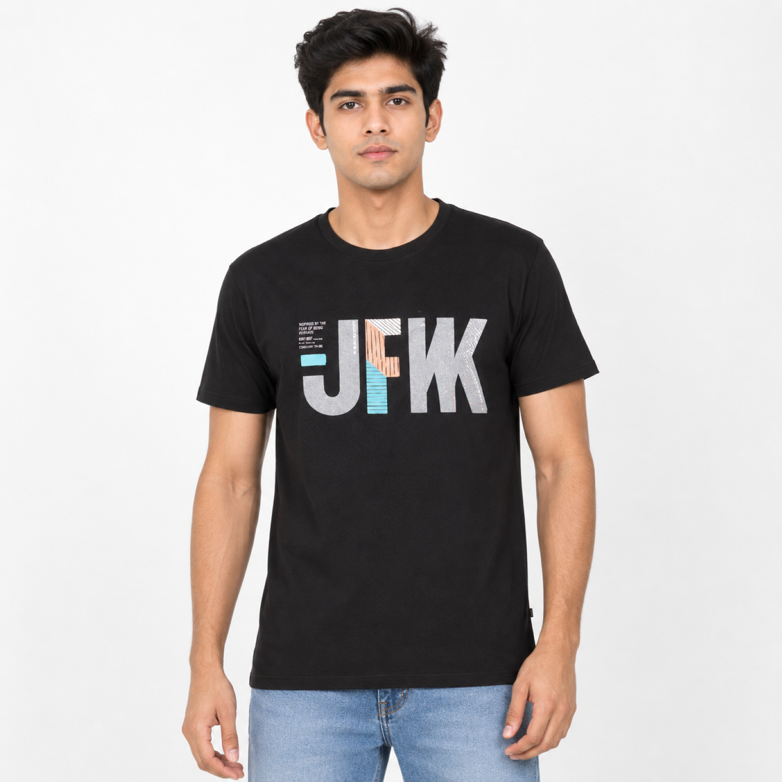 Men's Black JTK Typographic Graphic Crew Neck T-Shirt | Regular Fit Half Sleeve Casual Tee-1