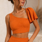 Women's Orange Solid One-Shoulder Sleeveless Crop Top and Asymmetric Midi Skirt Co-Ord Set for Party Wear-4