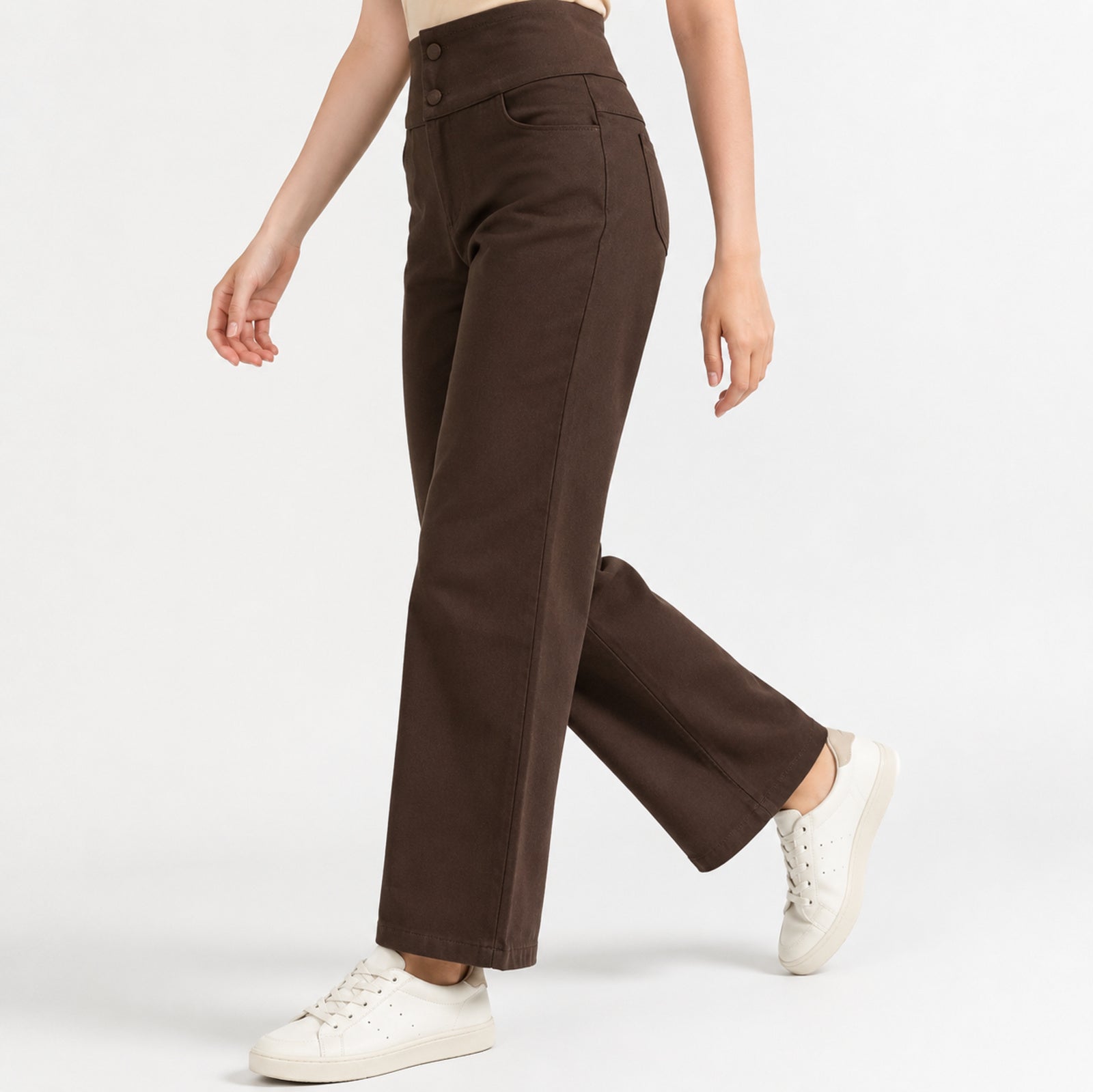 Women's Elegant High-Waisted Coffee Brown Wide-Leg Trousers-2