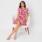 Women's Pink Floral Ruffle Sleeve A-Line Mini Dress | Breezy Casual Day Dress-2