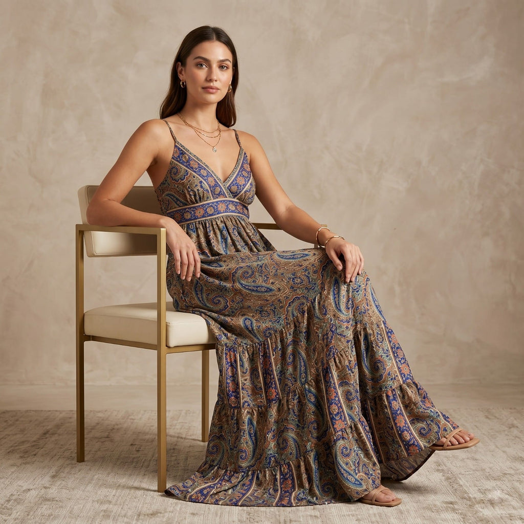 Women's Paisley Print Flared Maxi Dress-2
