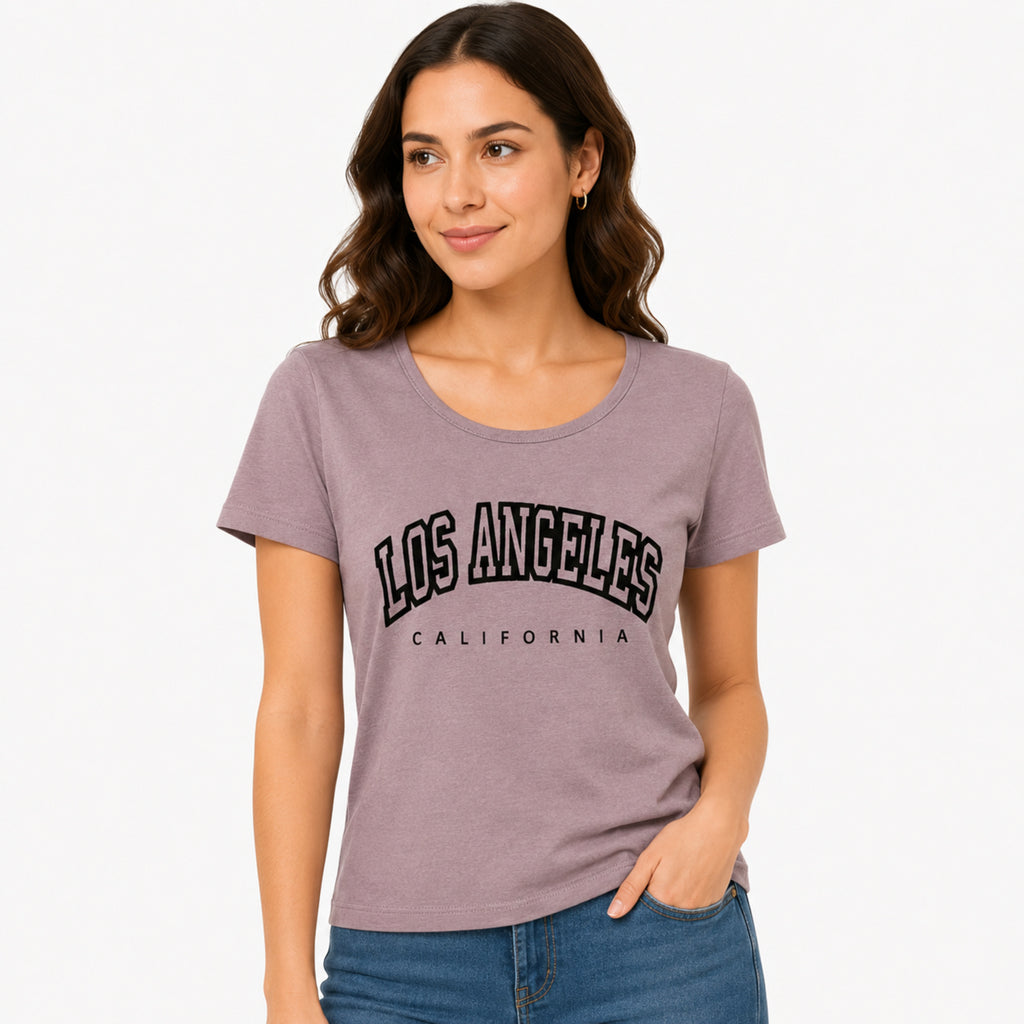 Women's Light Brown Los Angeles Typography Crew Neck T-Shirt | Regular Fit Half Sleeve Graphic Tee-2