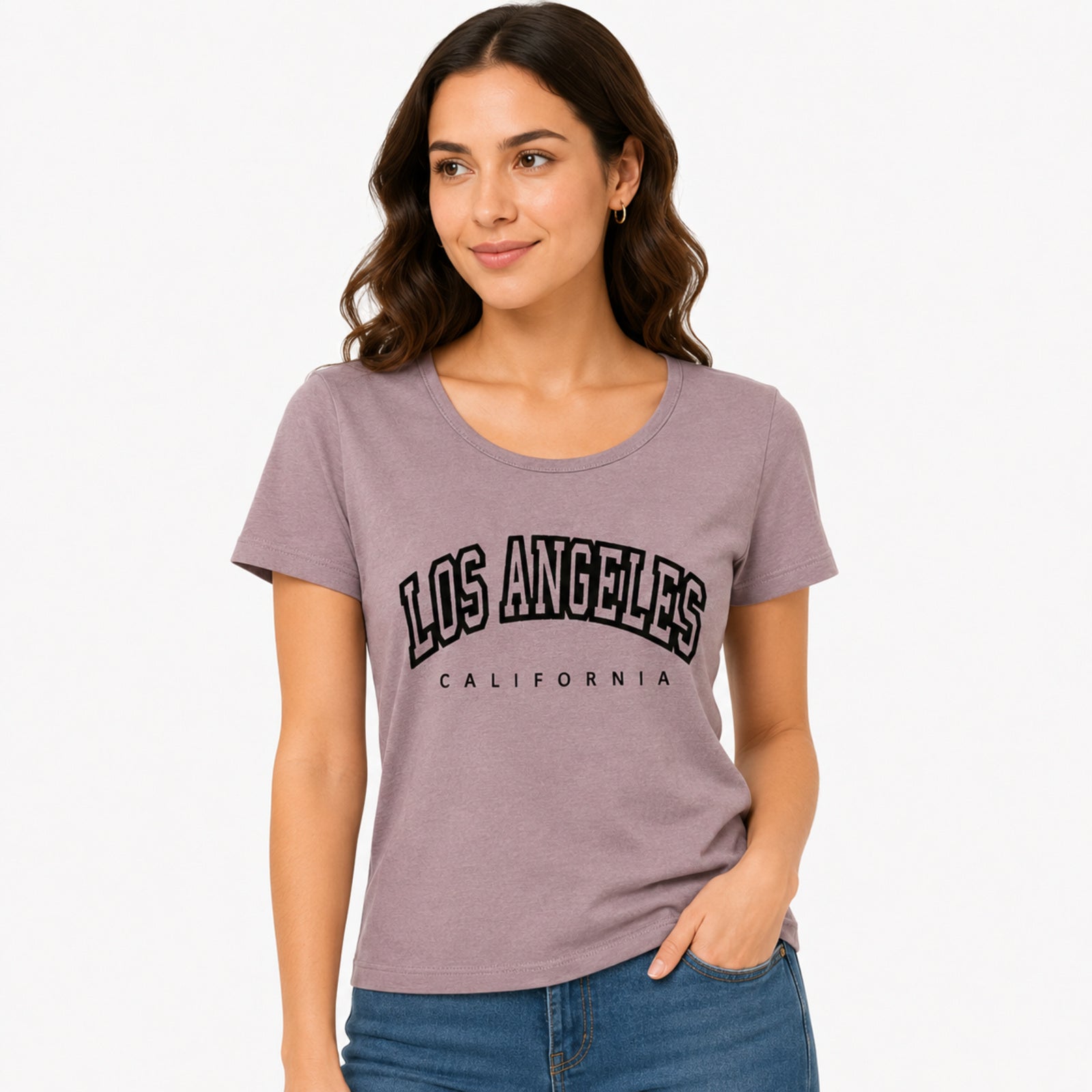 Women's Light Brown Los Angeles Typography Crew Neck T-Shirt | Regular Fit Half Sleeve Graphic Tee-2