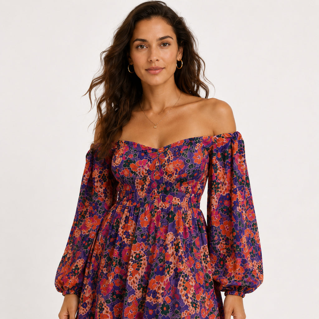 Women's Purple Floral Off-Shoulder Mini Dress with Balloon Sleeves-3