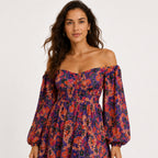 Women's Purple Floral Off-Shoulder Mini Dress with Balloon Sleeves-3