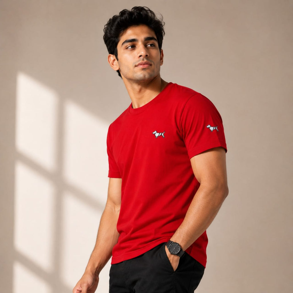 Men's Scarlet Red Minimal Embroidered Casual T-Shirt-2
