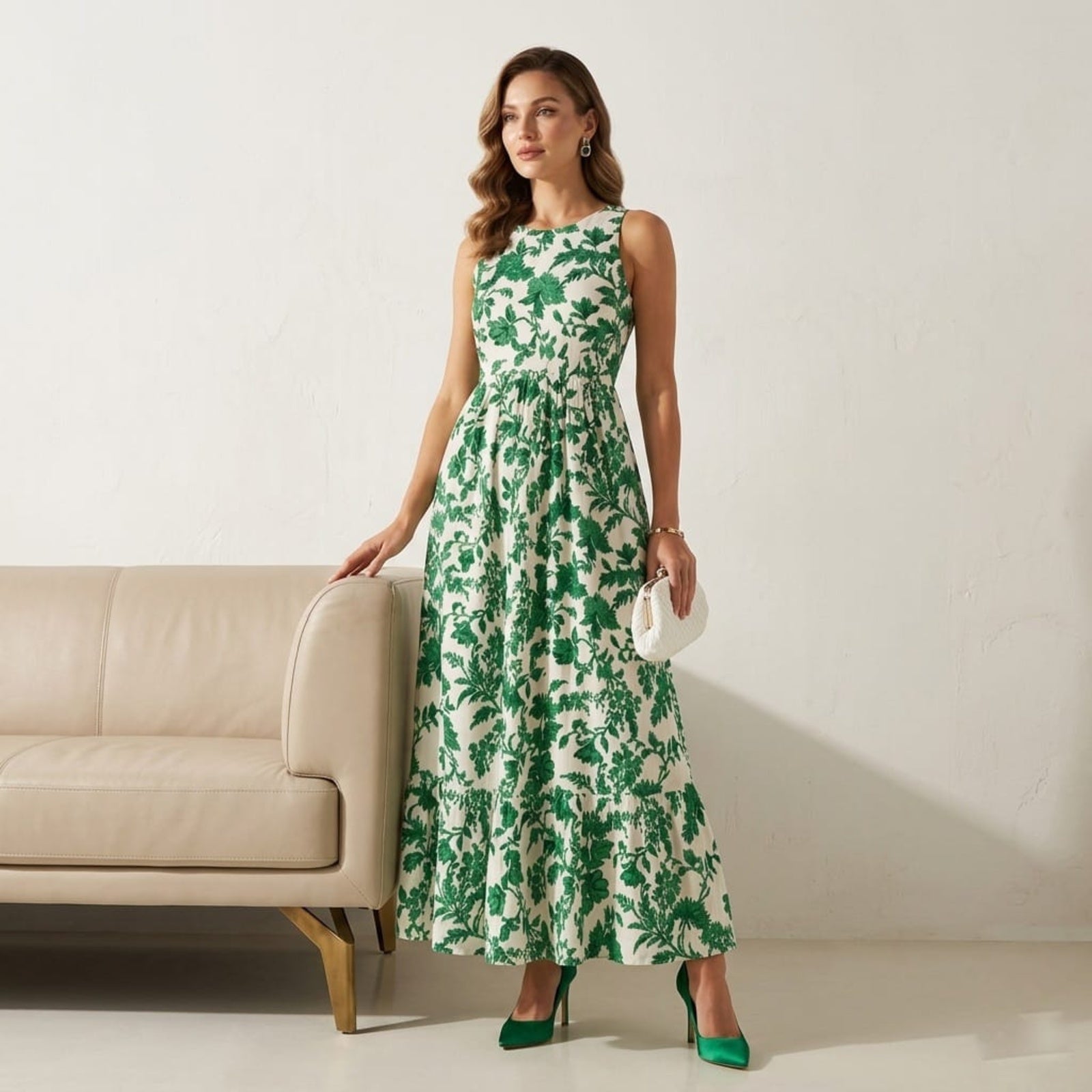Women's Green Floral Print Sleeveless Maxi Dress-1
