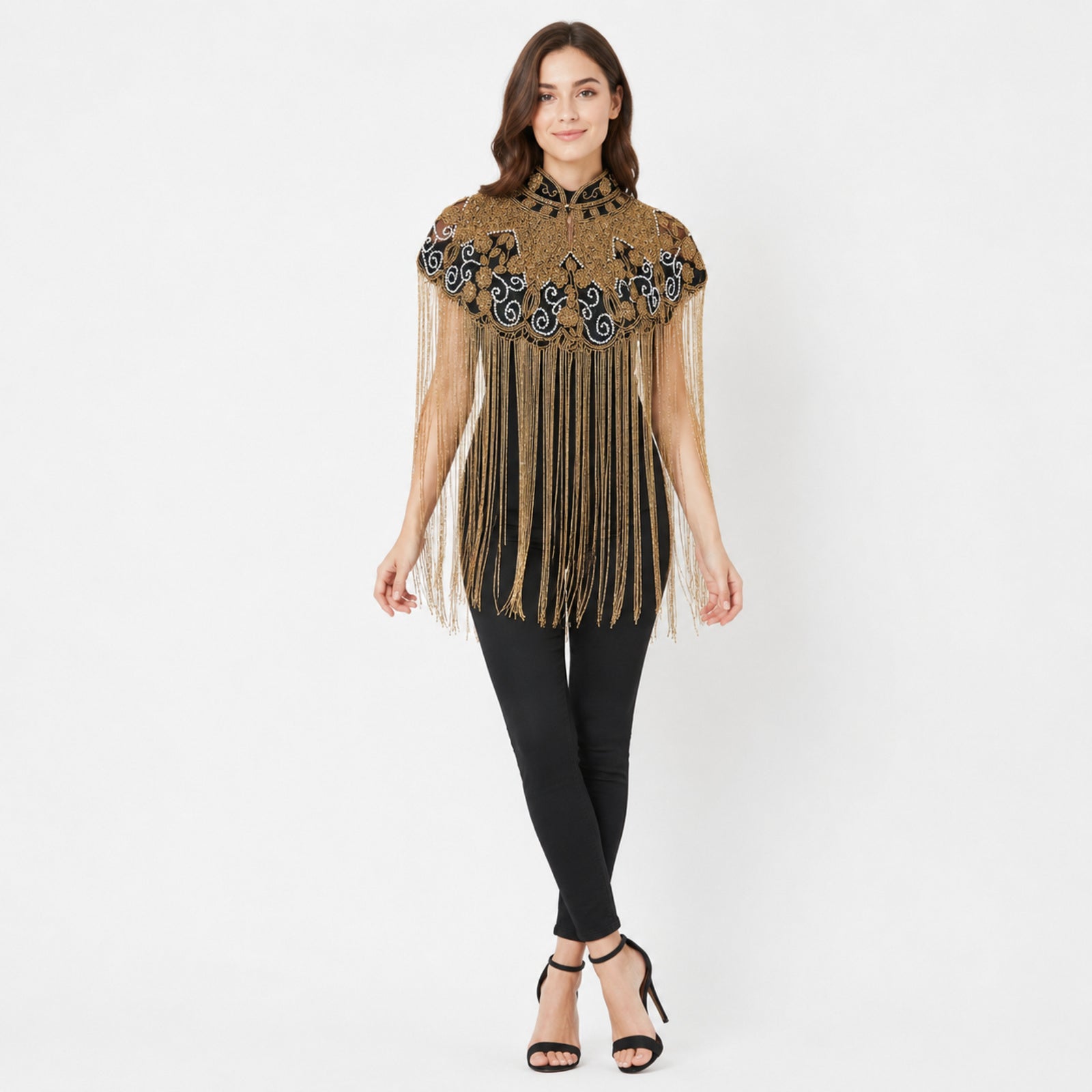 Women's Golden Embroidered Fringe Poncho-1
