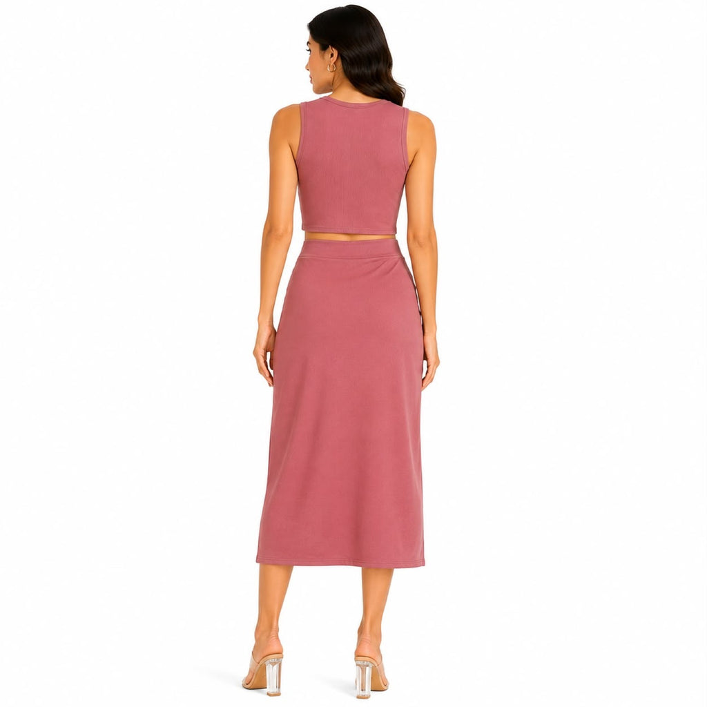 Women's Pink Sleeveless Crop Top and Front Drape Midi Skirt Co-Ord Set-4
