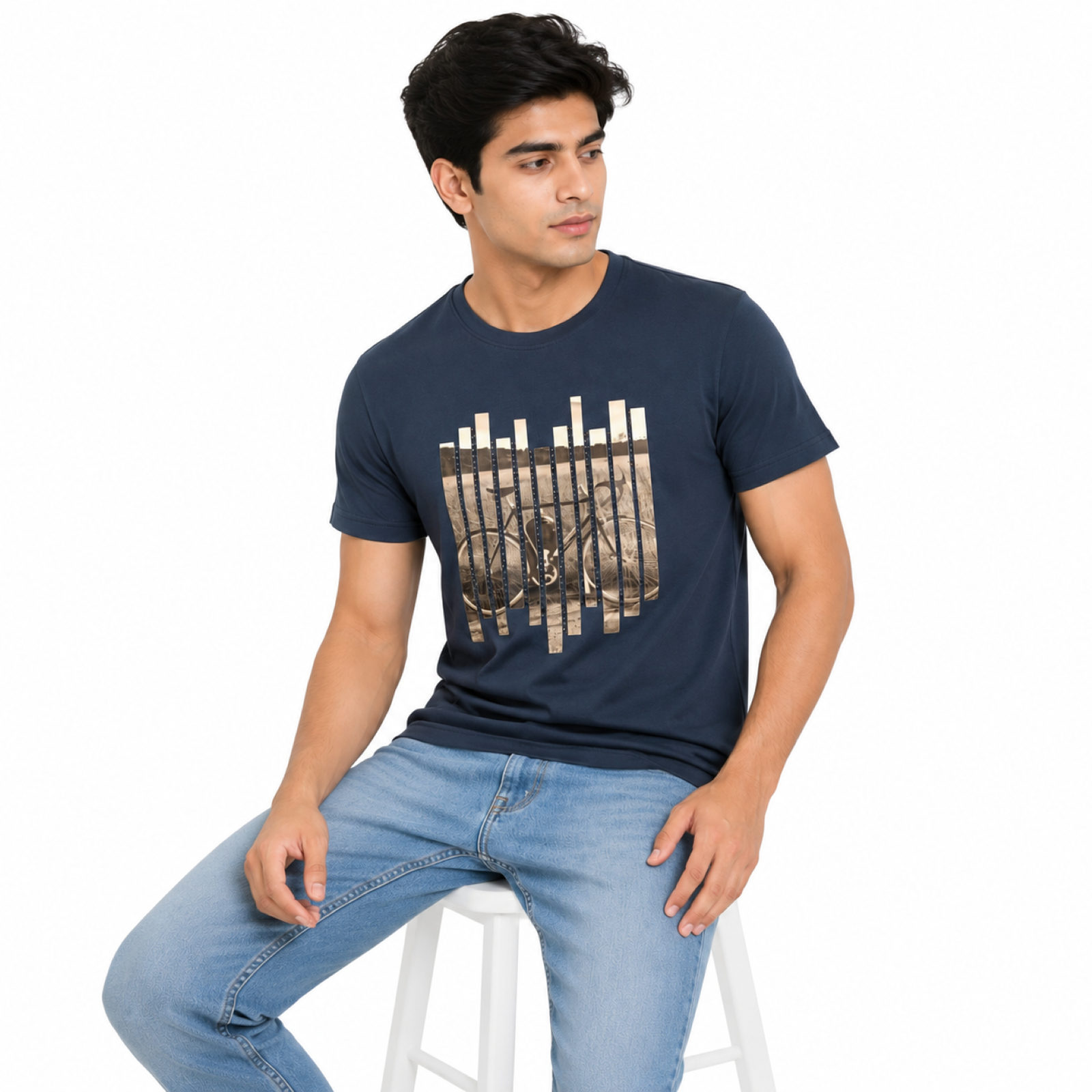 Men's Navy Blue Abstract Stripe Graphic Crew Neck T-Shirt | Casual Half Sleeve Printed Tee-2