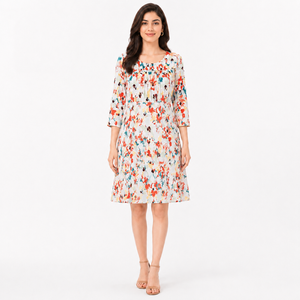 Women's Floral Print Round Neck Three-Quarter Sleeve A-Line Dress-3