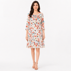 Women's Floral Print Round Neck Three-Quarter Sleeve A-Line Dress-3