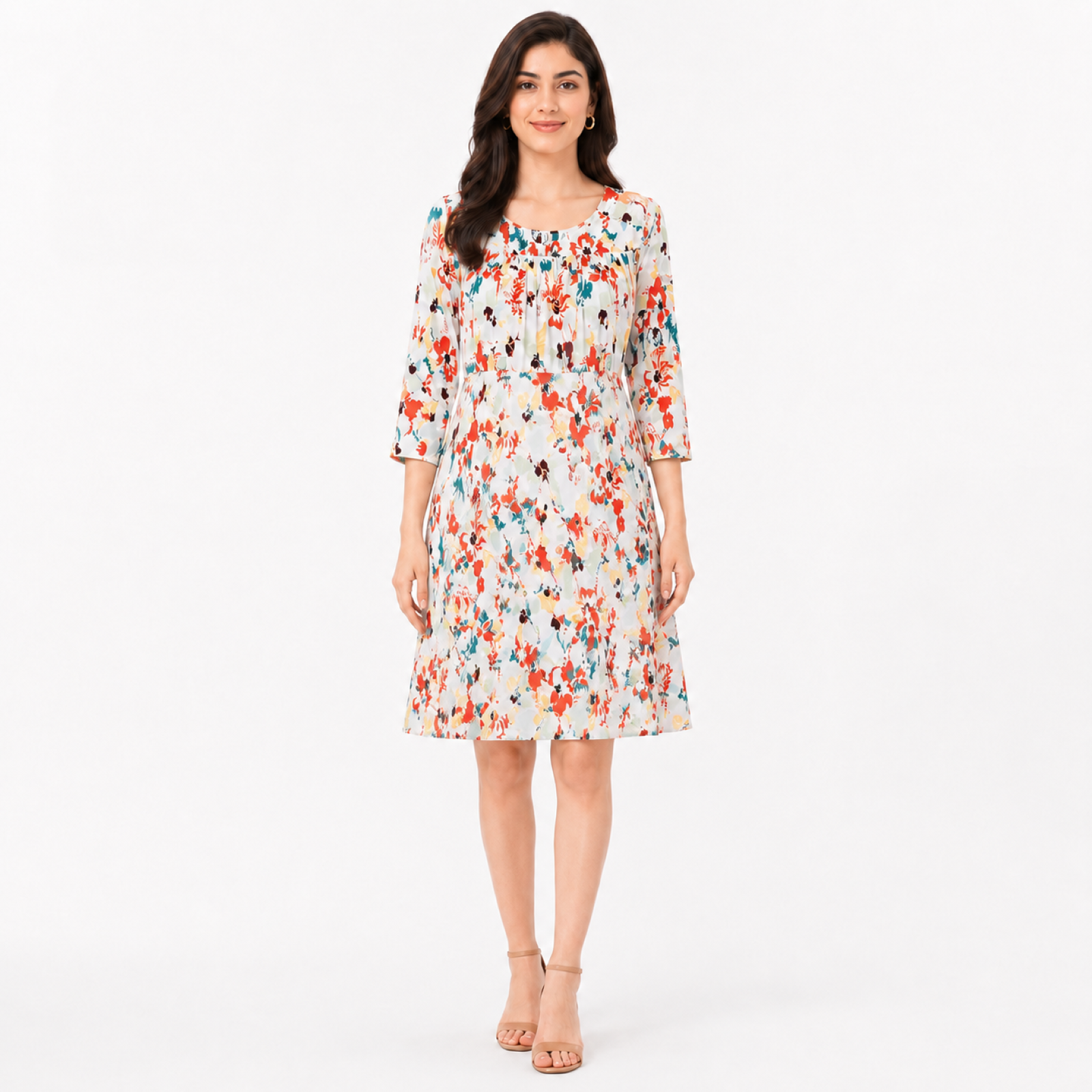 Women's Floral Print Round Neck Three-Quarter Sleeve A-Line Dress-3